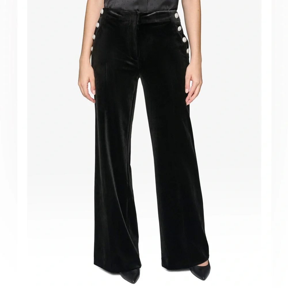 Karl Lagerfeld Velvet Pants Women's Size 12 Black Wide Leg Rhinestone Detail. - Picture 7 of 13